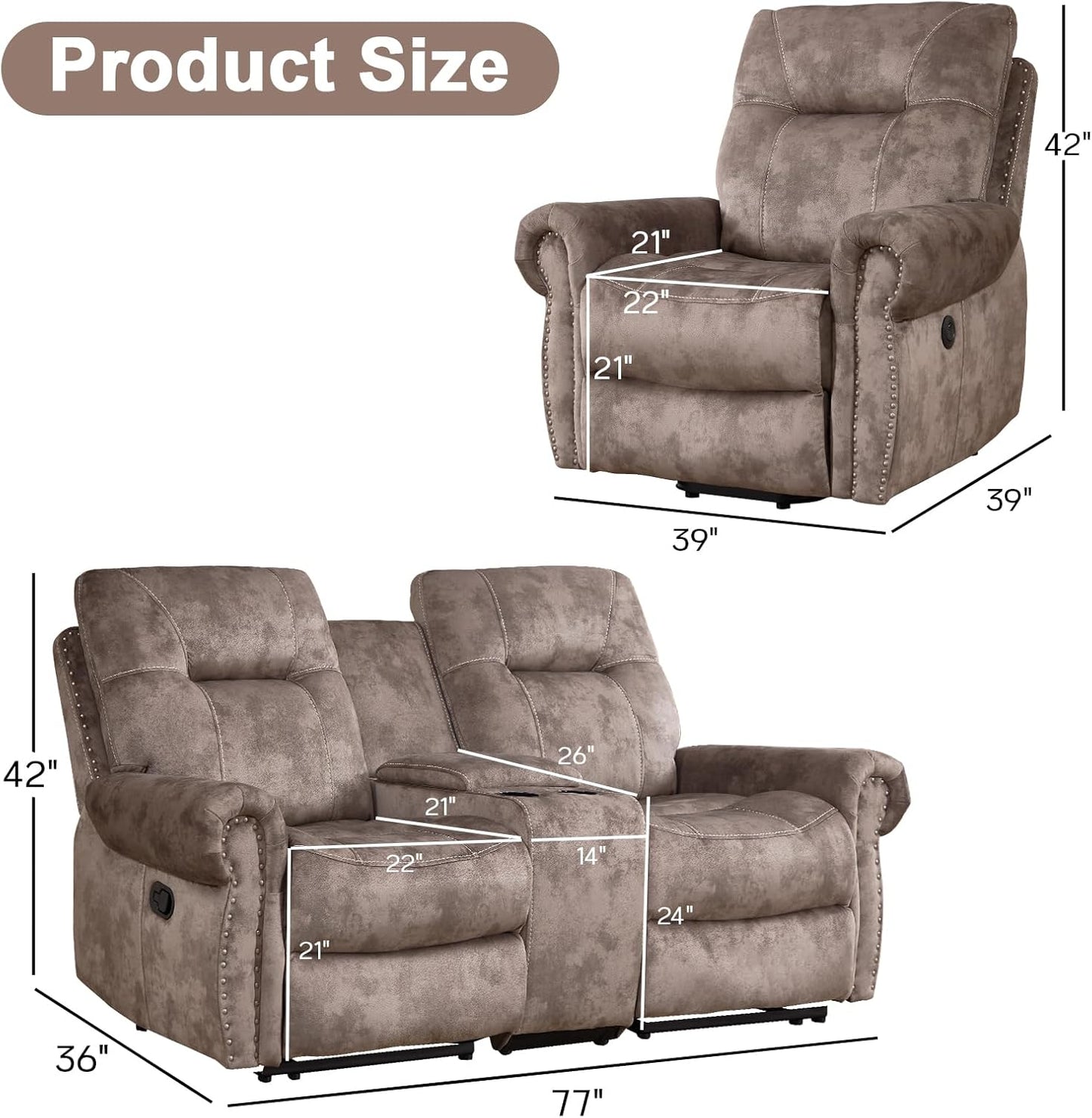 EBELLO 2 Pieces Reclining Couch Furniture Set for Living Room, 1 Seat Power Recliner Chair and a Manual Loveseat with Center Console, Hidden Storage and Cup Holders, Brown