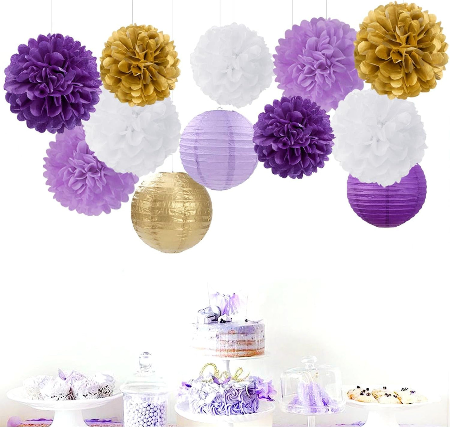 Purple White-Gold Party-Decorations Paper Flowers Lanterns - 15PCS Graduation Lavender Tissue Pom Poms Streamers,Wedding Birthday Bachelorette Baby Shower Classroom Hanging Supplies Decor Hugfond
