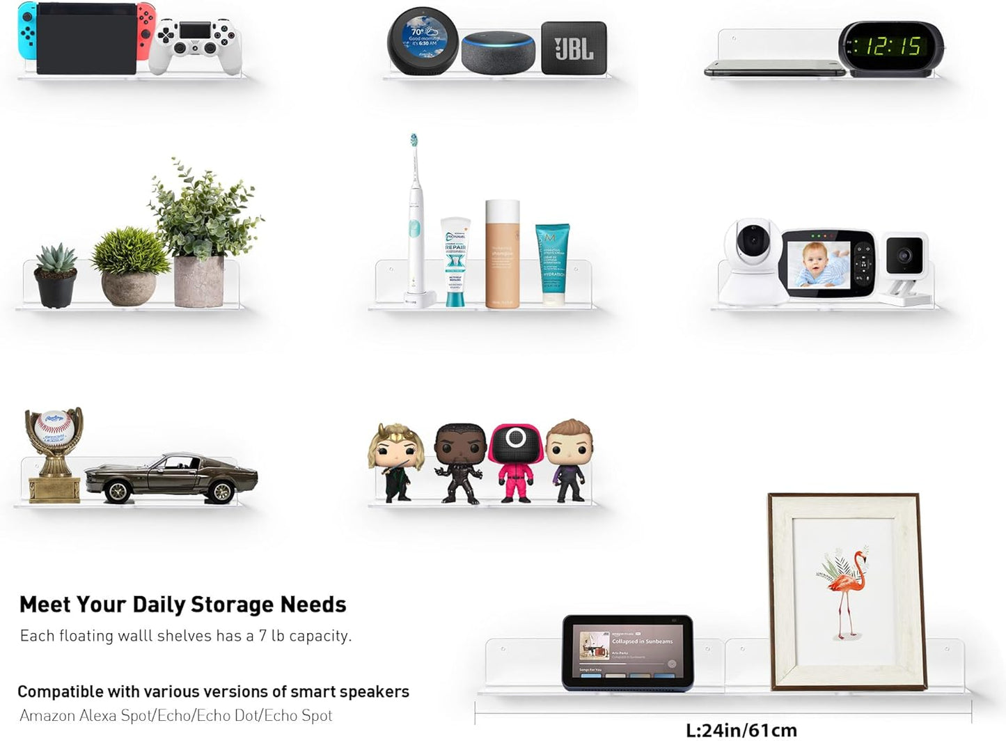 OAPRIRE Clear Acrylic Floating Shelves Set of 2 - Easily Expand Wall Space - 12 Inch Small Wall Shelf with Strong Adhesive for Bathroom, Bedroom, etc