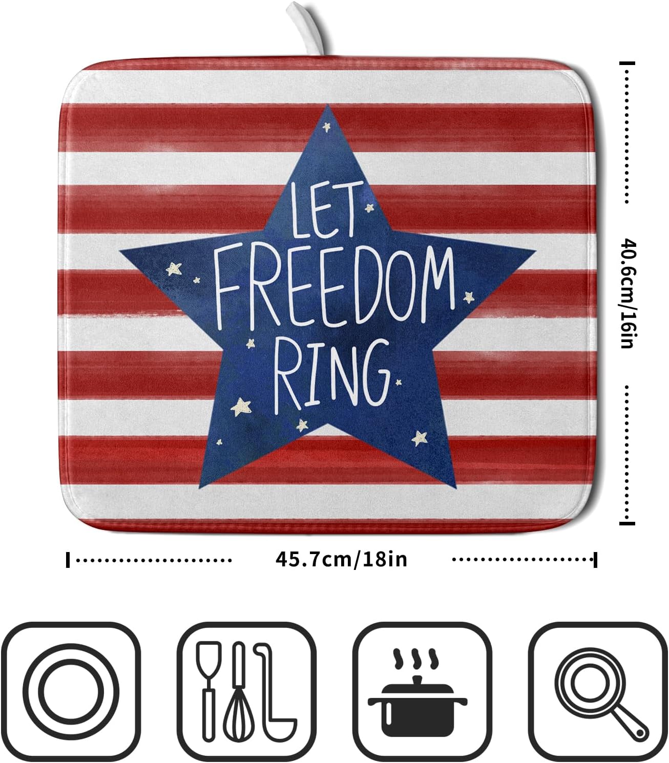 4th of July Dish Drying Mat for Kitchen Counter Patriotic Holiday Absorbent Reversible Microfiber Kitchen Countertop Protector Dishes Pad Small 16x18 inch