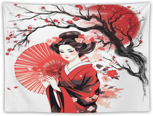 Japanese Red Geisha Tapestry Asian Cherry Blossom Traditional Kimono Folk Tapestries Home Decor for Living Room Bedroom Apartment Farmhouse Dorm 90"x60"