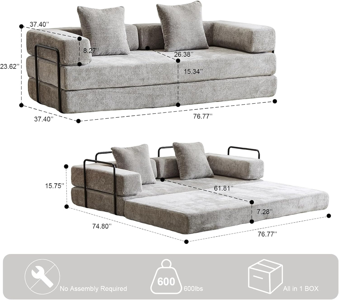 Convertible Sleeper Sofa Bed, Compression Folding Sofa with Pillow, No Assembly Required, Shape Frame, Floor Sofas Lounge Couchs for Living Room, Bedroom, Small Spaces(Chenille, 77''W, Light Grey)