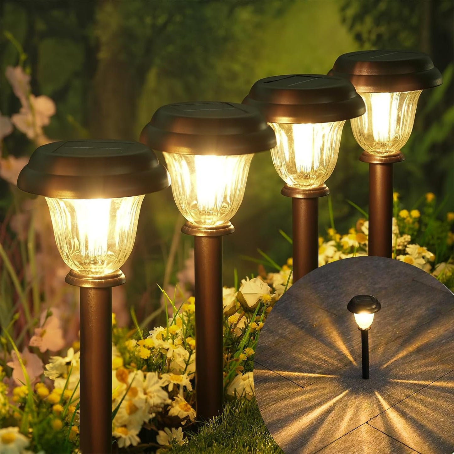 DERAYSION 8 Pack Solar Lights Outdoor, Stainless Steel Glass Solar Pathway Lights, Auto On/Off Long-Lasting Waterproof Landscape Lighting for Garden, Landscape, Path, Yard, Warkway (Warm White)