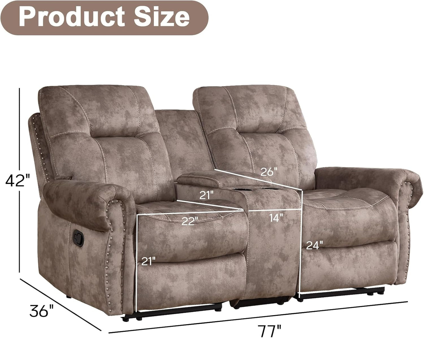EBELLO Manual Recliner Loveseat Sofa, 2 Seater Reclining Couch Chair with Center Console, Hidden Storage and Cup Holders, Vintage Rivet Mid-Century Design for Living Room, Meeting Room, Brown