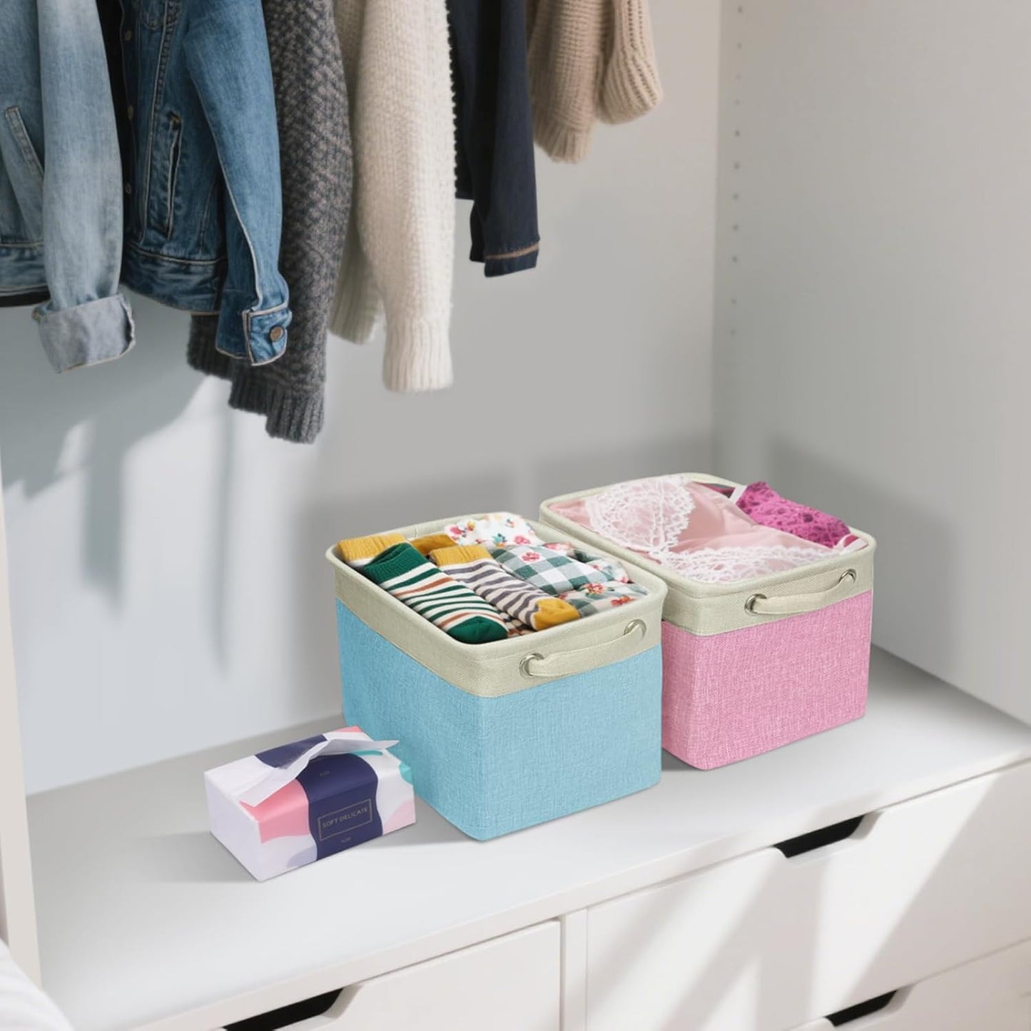 BALEINE 4 Pack Fabric Storage Bins for Shelves, Linen Storage Baskets for Organizing, Decorative Closet Bins for Clothes, Home (Brown, 12"x8"x8")
