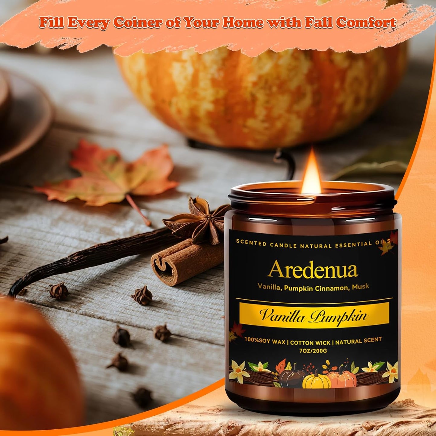 Fall Candle | Vanilla Pumpkin Scented Candle - Scented Candles for Autumn, 7oz Autumn Soy Candles with 50hr Burn Time, Holiday Thanksgiving Fall Gifts for Women Men