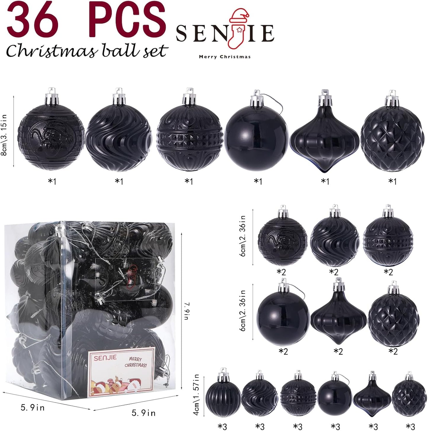 Christmas Ornaments Set with 36pcs Shatterproof Christmas Tree Decorations Multi-Size Christmas Ball Ornaments with 7 Styles Black