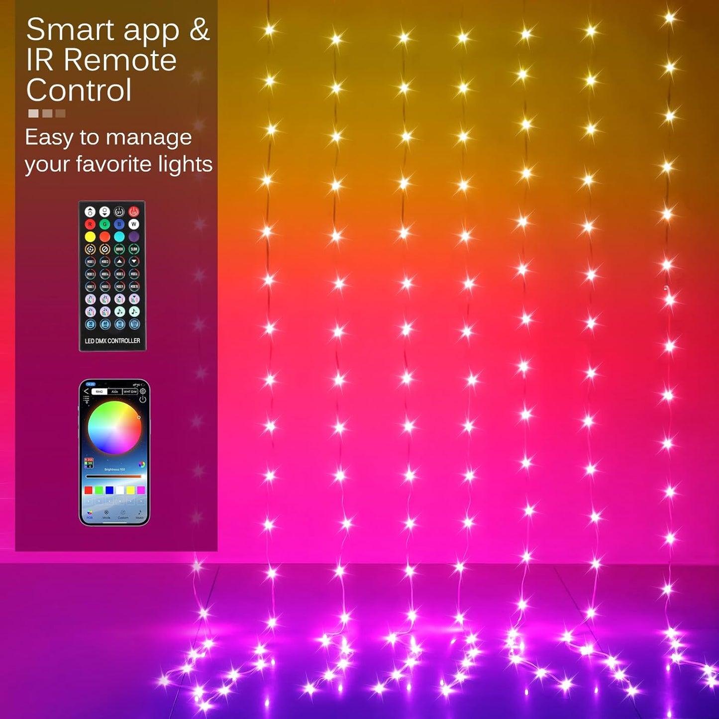 LED Curtain Lights, 9.8ft x 7.8ft 240 LED RGB Color Changing String Fairy Lights Curtain-Smart APP Control, Music & Voice Sync for Bedroom Backdrop Indoor Outdoor Christmas Decorations