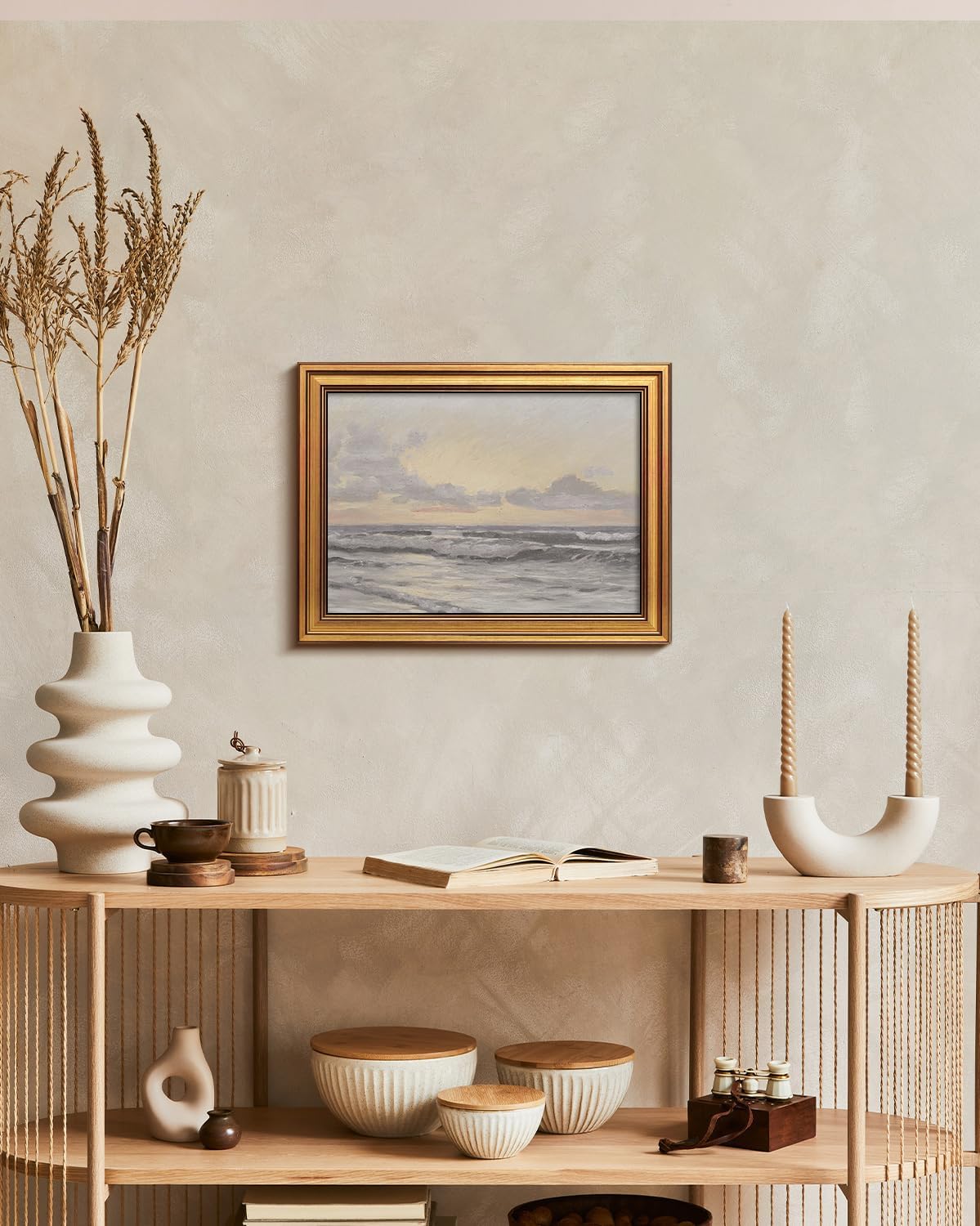 HUARCEY Gold Framed Vintage Wall Art for Living Room, Landscape Painting Prints Shelf Decor for Kitchen, Aesthetic Bedroom Wall Art, Christmas Gifts for Friends or Family (Sea or Sky - 12"x16")