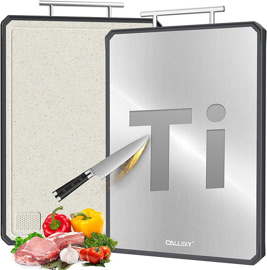 Titanium Cutting Boards for Kitchen, 2 in 1 Titanium Cutting Boards with JUICE GROOVE, Metal Chopping Board for Meat/Vegetables, Pure Titanium&Wheat Straw PP, Food-Grade, Dishwasher Safe16.3”×11”-1 PC