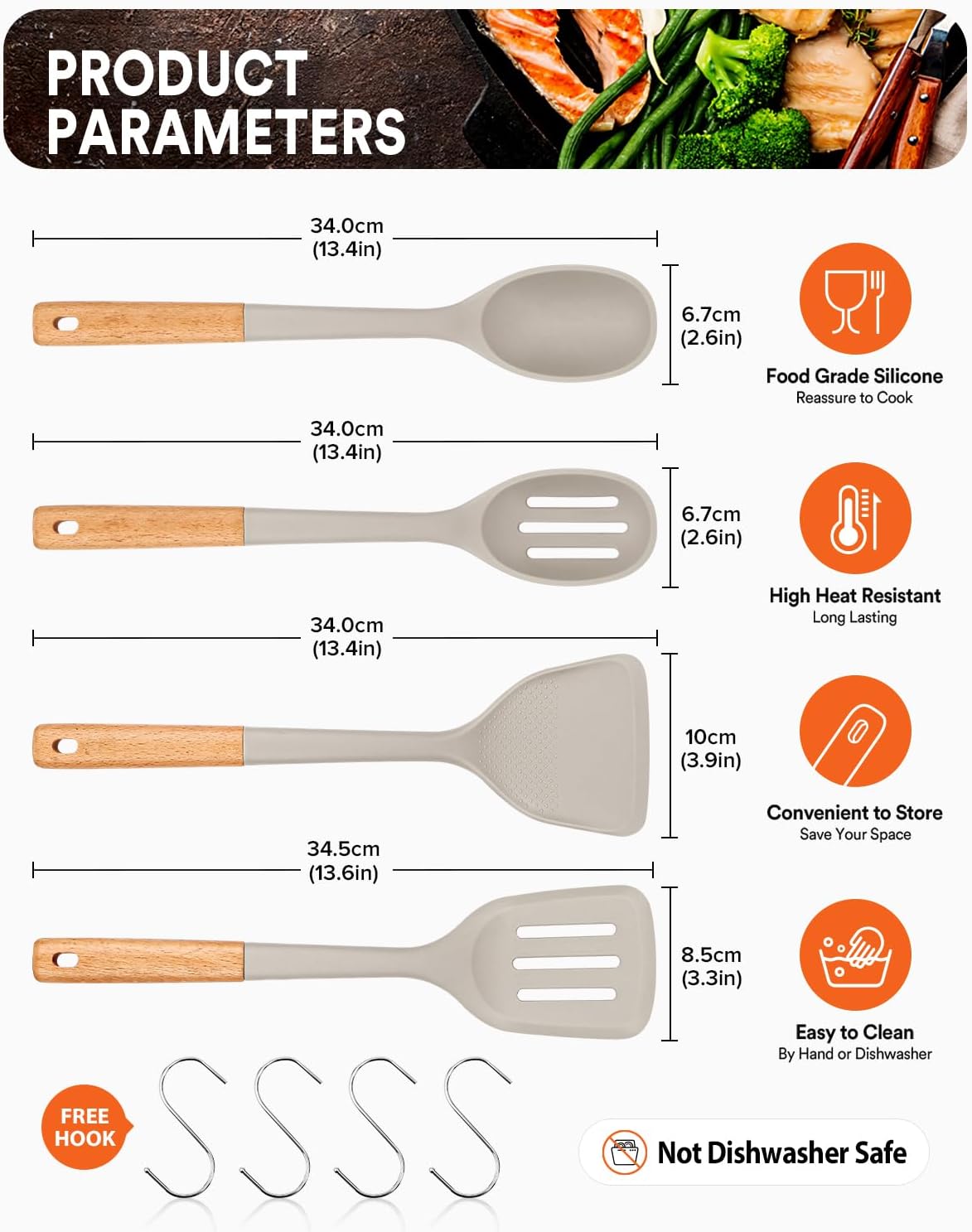 Silicone Cooking Utensils Set, Perfectly Angled for Frying, Mixing,Serving,Draining,Turning and Stirring, BPA-Free Matte Silicone, Wood Handles, Safe for Nonstick Cooking Surfaces,4 Pack (Khaki)