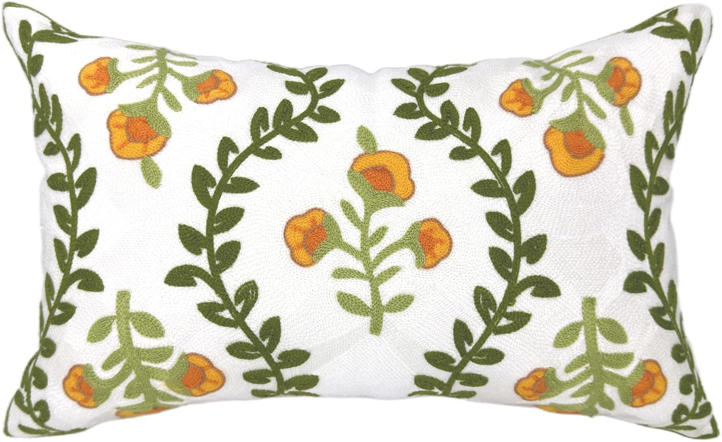 Alysheer Flower Embroidered Summer Decorative Lumbar Throw Pillow Cover 12"x 20", Farmhouse Cottage Orange Floral Green Leaves Patterned Cotton Canvas Cushion Case for Sofa Couch Bed Living Room