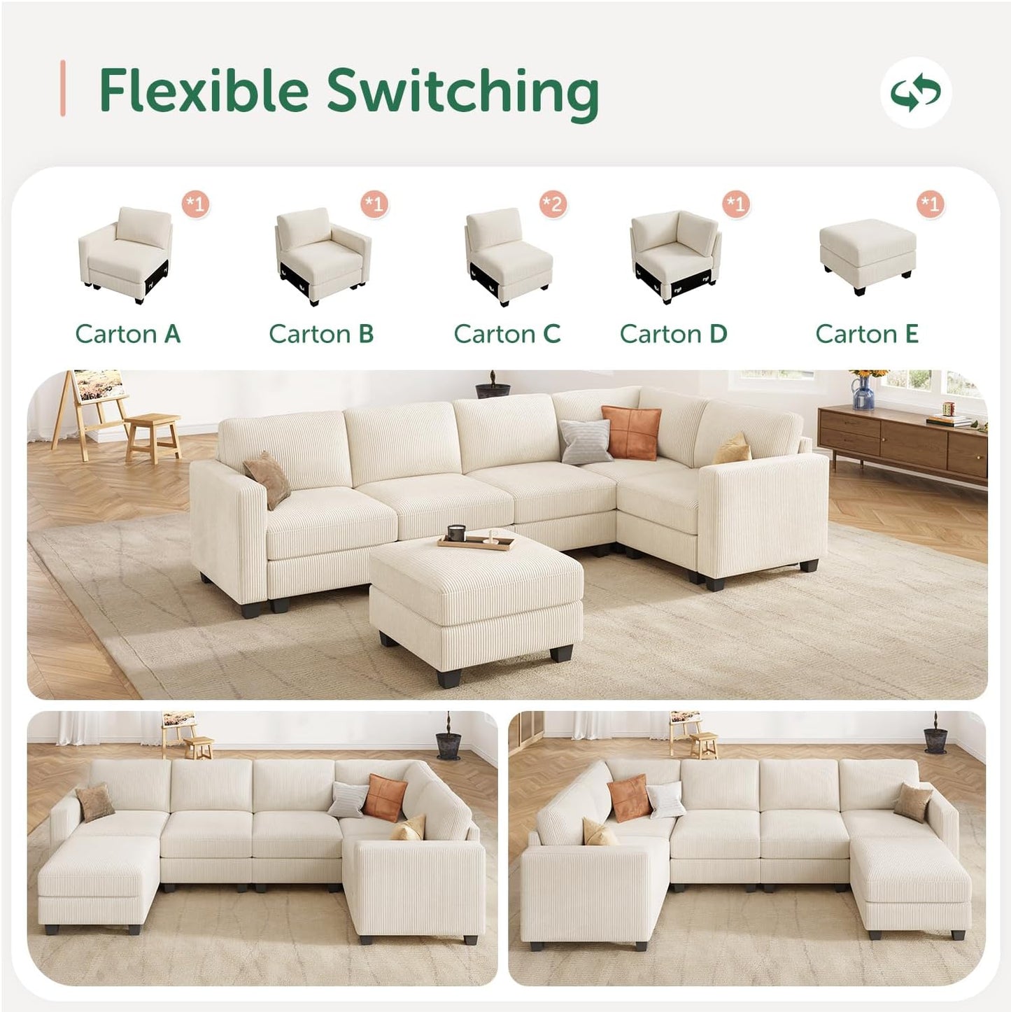 HONBAY U-Shaped Corduroy Sectional Couch with 6 Seaters Modular Sectional Sofa with Storage Ottoman Sectional Couches for Living Room, Beige