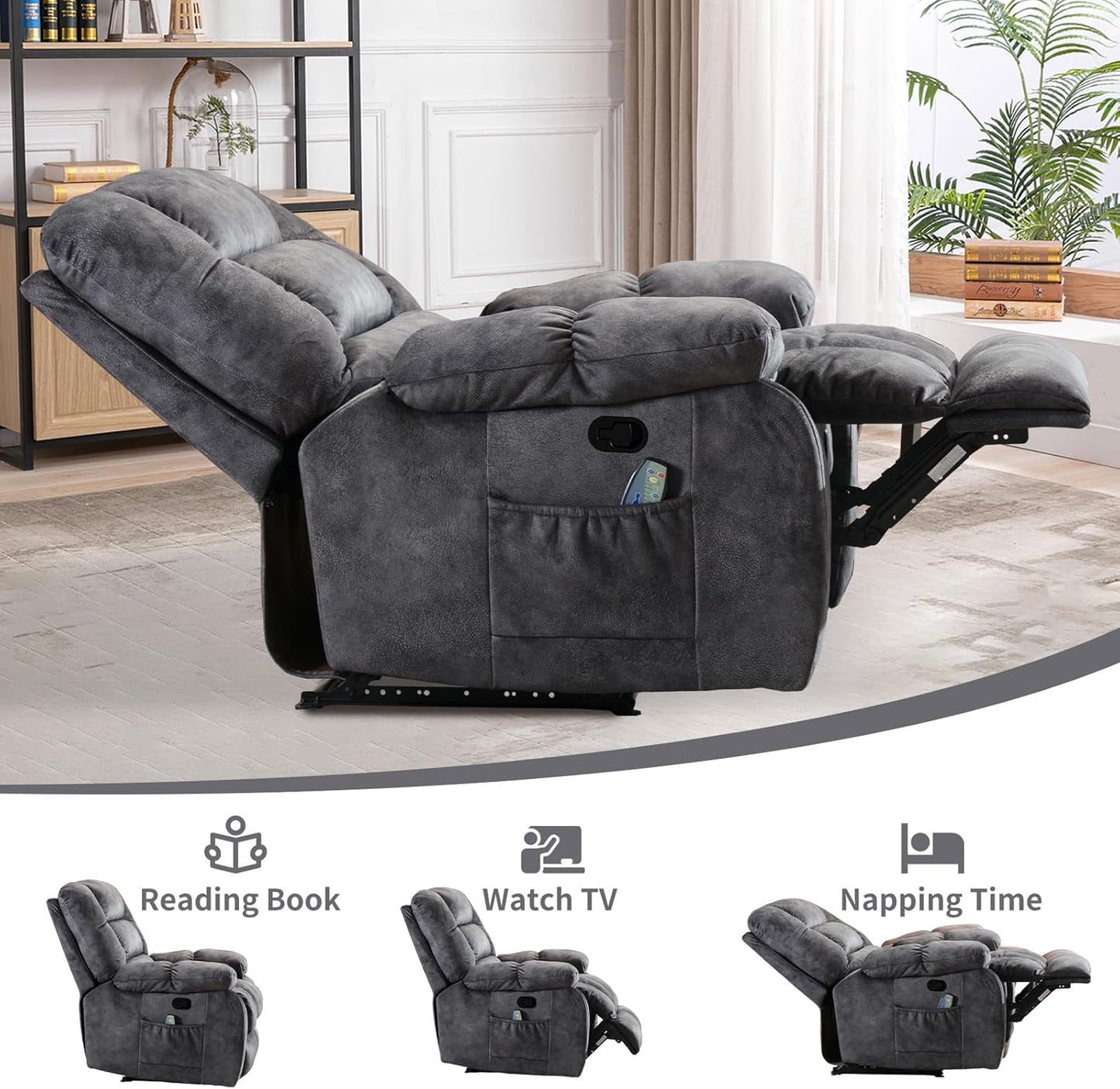 Massage Recliner Chair with Heat and Massage, Soft Fabric Ergonomic Manual Reclining Chairs, Heavy Duty Reclining Sofa Chair with Side Pockets for Living Room (D-Grey)