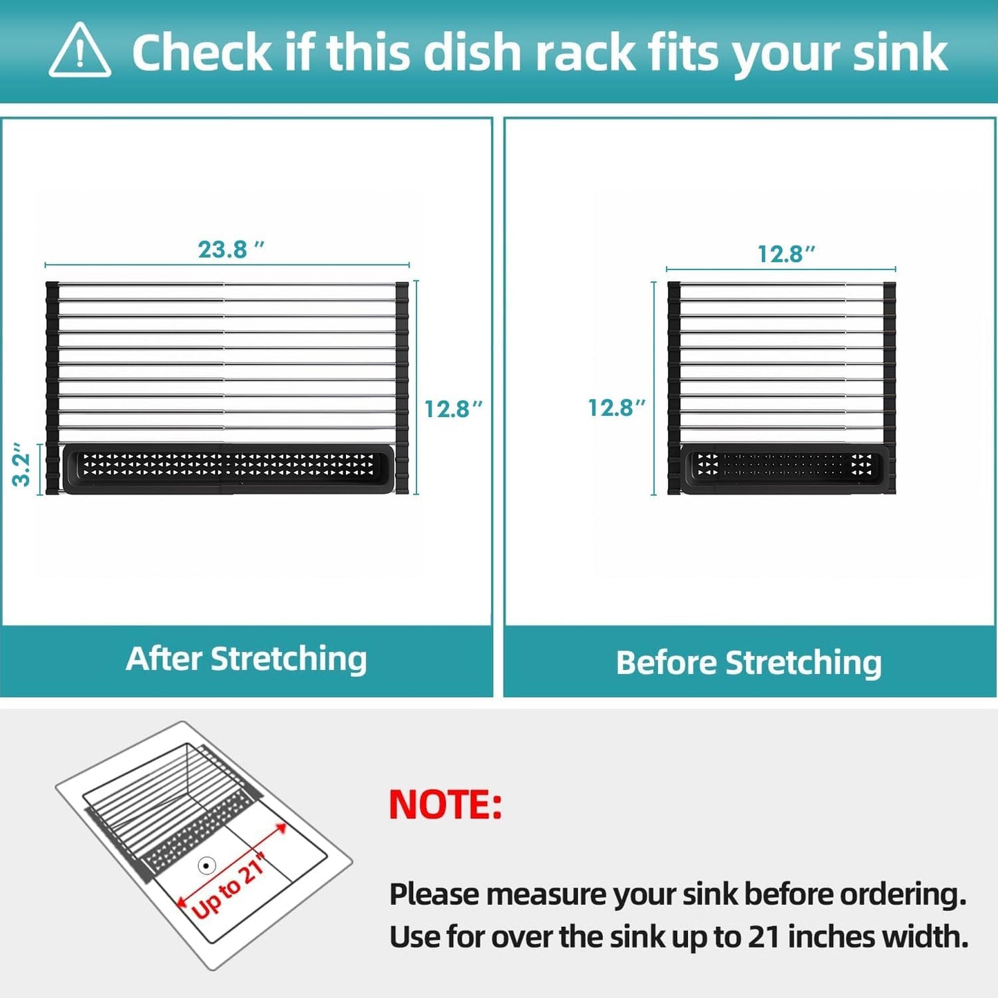 Roll Up Dish Drying Rack, Expandable (12.8"-23.8" D x 12.8" W) Stainless Steel Portable Over The Sink Dish Drainer for Kitchen Sink Counter, Foldable Sink Cover with Removable Utensil Holder