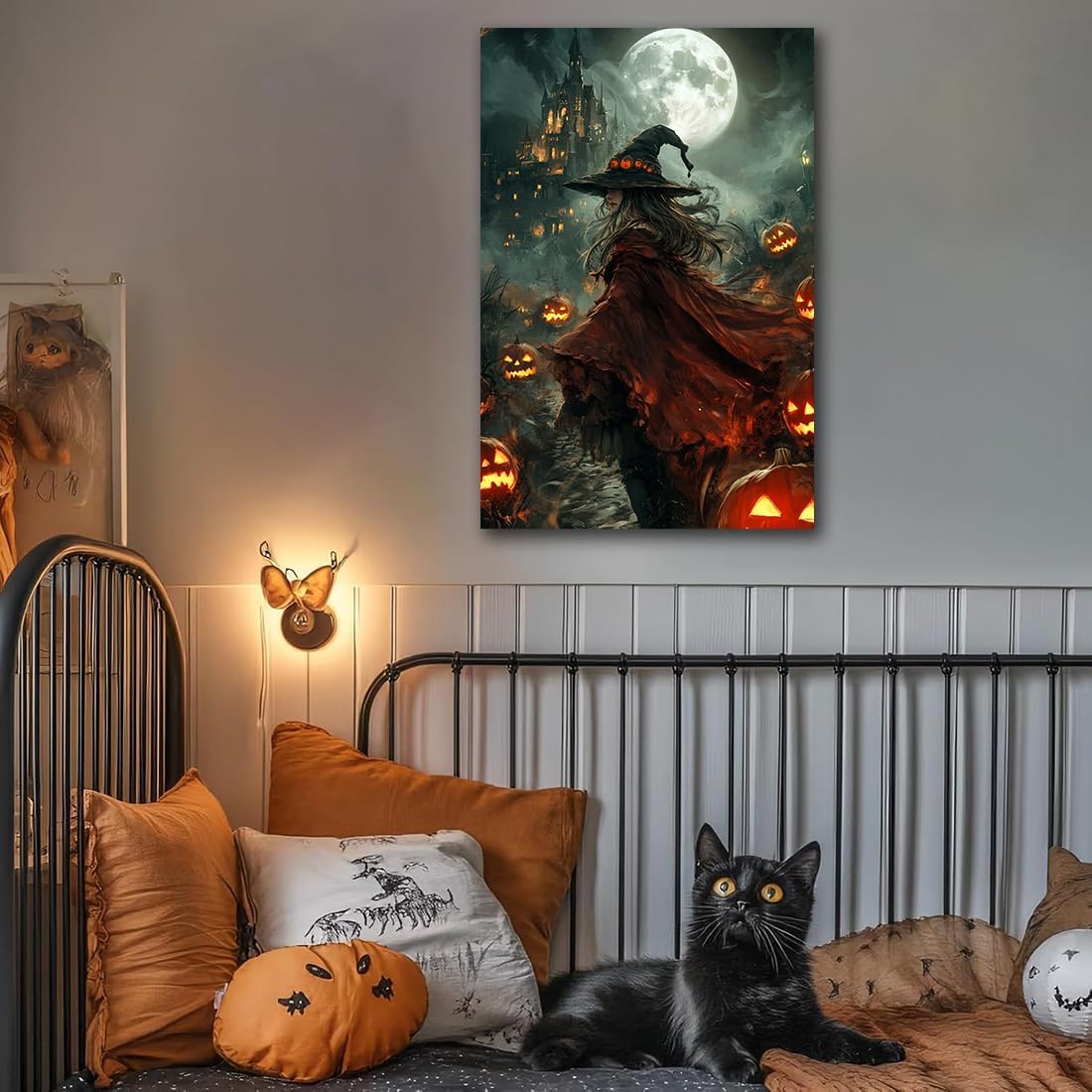 Dark and Moody Gothic Witch Poster Wall Art,Vintage Rustic Witch in Cloak with Castle Pumpkin Road Dark Gothic Poster,Goth Spooky Season Halloween Prints for Fantasy Office,20"x30" Unframed
