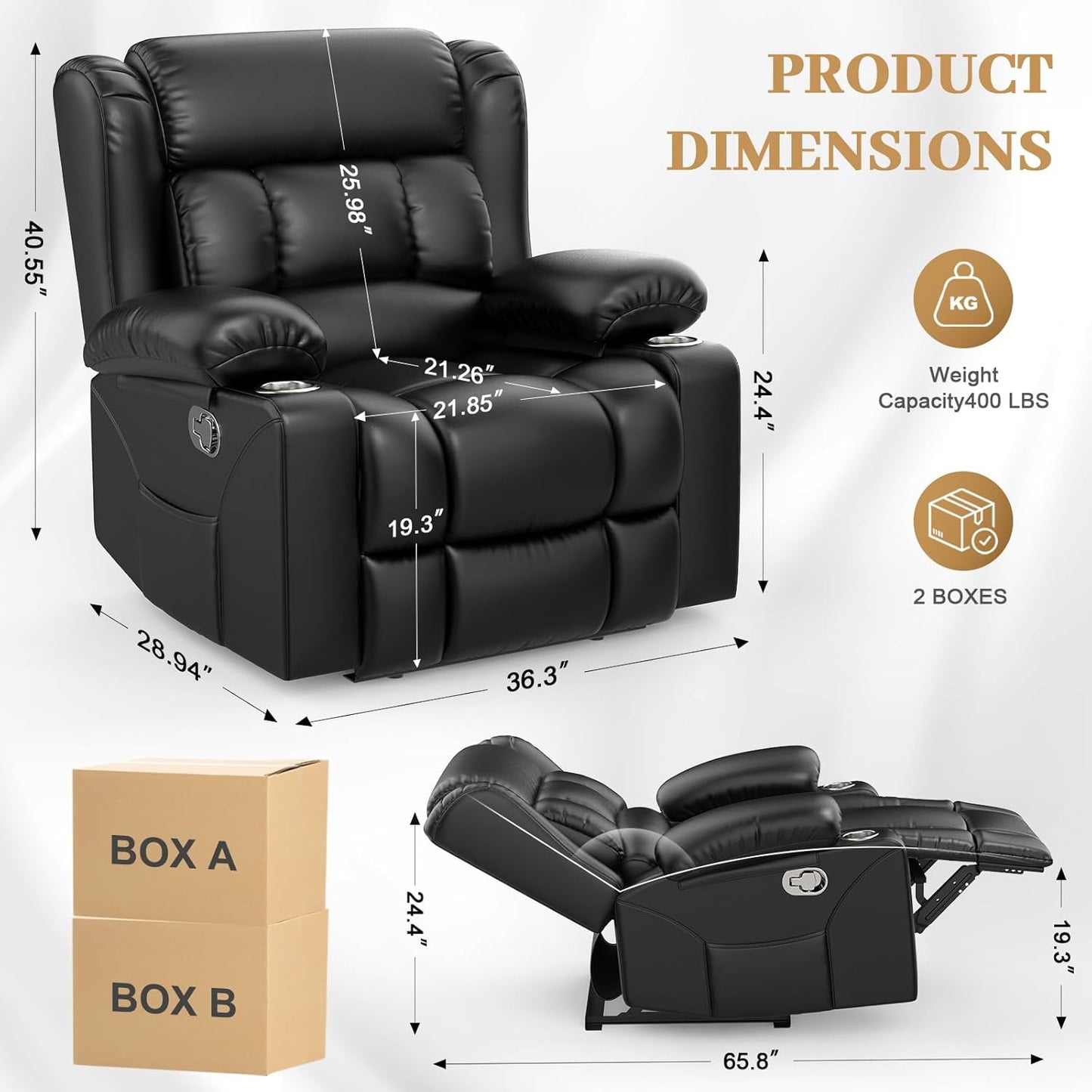 Recliner Chair for Adults, Oversized PU Leather Manual Pull Tab Reclining Chair with Cup Holders, Minimalist Style Single Sofa for Living Room, RV (Black)