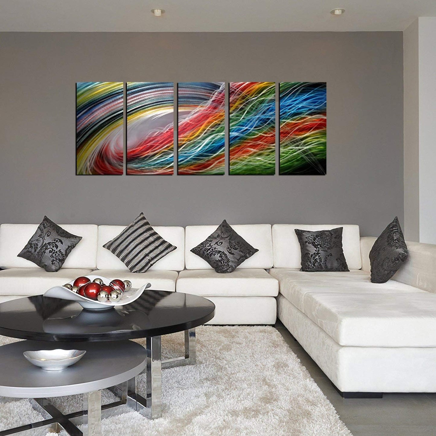 Panel Metal Wall Art with Colorful Wave Lines Design, Abstract Modern and Contemporary Décor, Unique Metal Wall Sculpture, Silver Aluminum Artwork, Indoor and Outdoor decoration, 5 panels 64"x24"