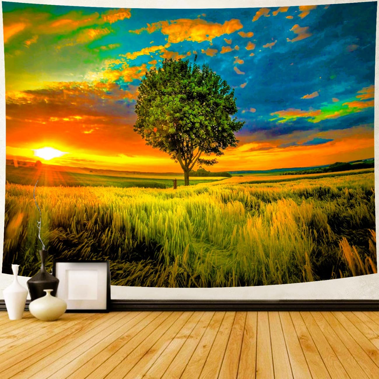 Delur Sunset Tree of Life Tapestry Forest Nature Landscape Wall Hanging Tapestry Scenic Tree Woodland Natural Sunrise Headboard for Bedroom Living Room Home Decor (51.2" x 59.1")