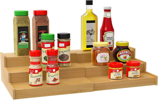 Spice Rack Organizer for Cabinet, 3 Tier Expandable Bamboo Spice Storage, Great for Kitchen Cabinet, Cupboard,Pantry and More
