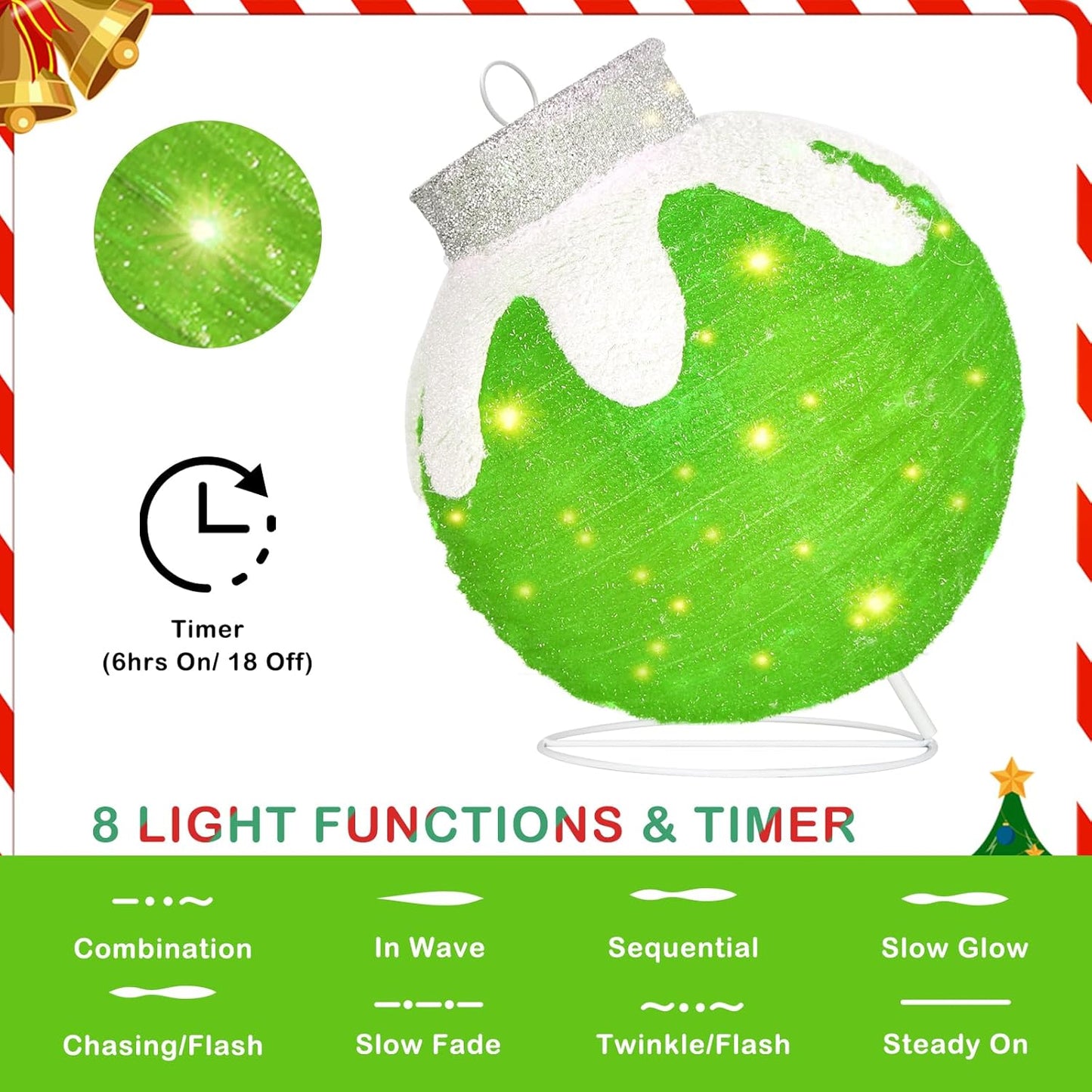 BRIGHTDECK Outdoor Christmas Ball Decoration, 80 LED Lights, 8 Light Modes, Pop-Up Collapsible Holiday Ornament (Green)