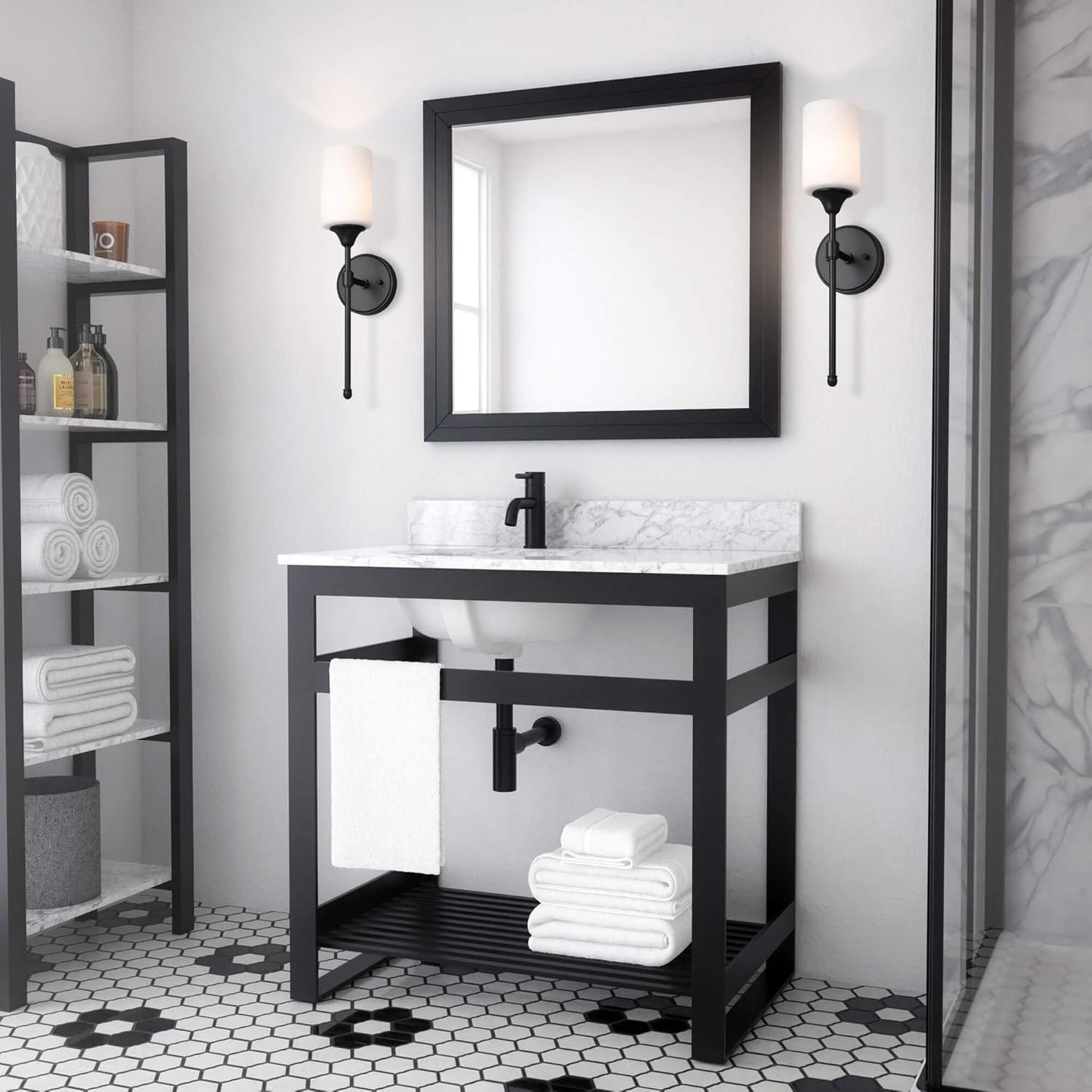 XiNBEi Lighting Wall Sconce, Bathroom Vanity Light with Glass, Wall Fixture Matte Black Finish for Bathroom XB-W1216-MBK