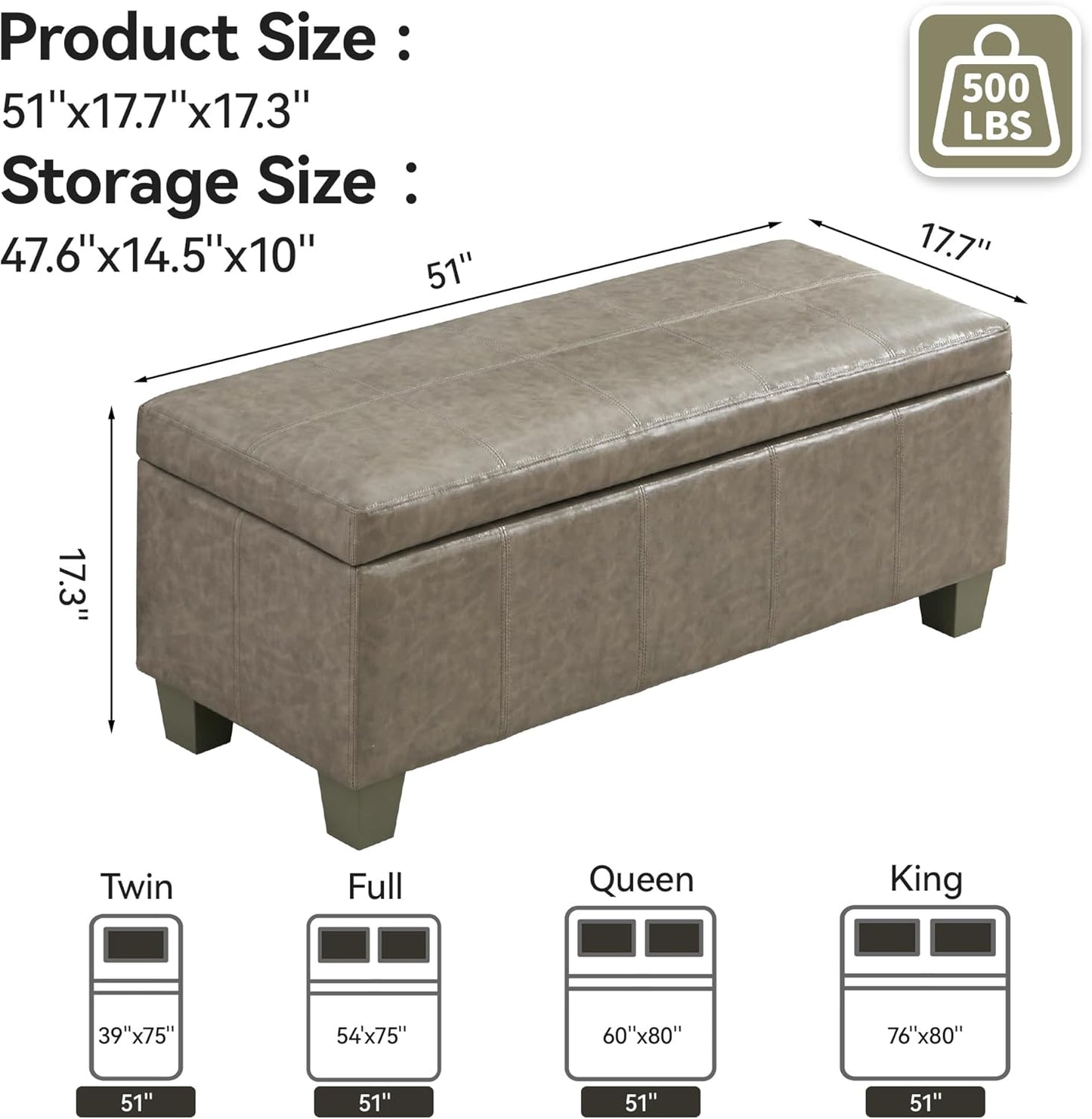 51" Faux Leather Storage Ottoman, Stitch Tufted Rectangle Upholstered End of Bed Storage Bench, Entryway Large Couch Ottoman with Wooden Legs,Grey
