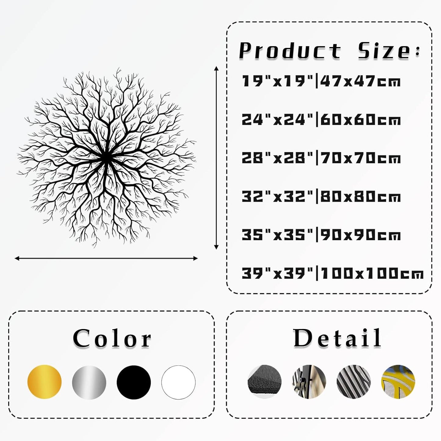 Tree of Life Metal Wall Art, Metal Tree Wall Art, Large Round Sculpture, Round Branch Wall Decor, Large Branch Artwork, Nature Sign, Wall Decor for Living Room, Housewarming Gift (Silver, 19"x19"|47x47cm)