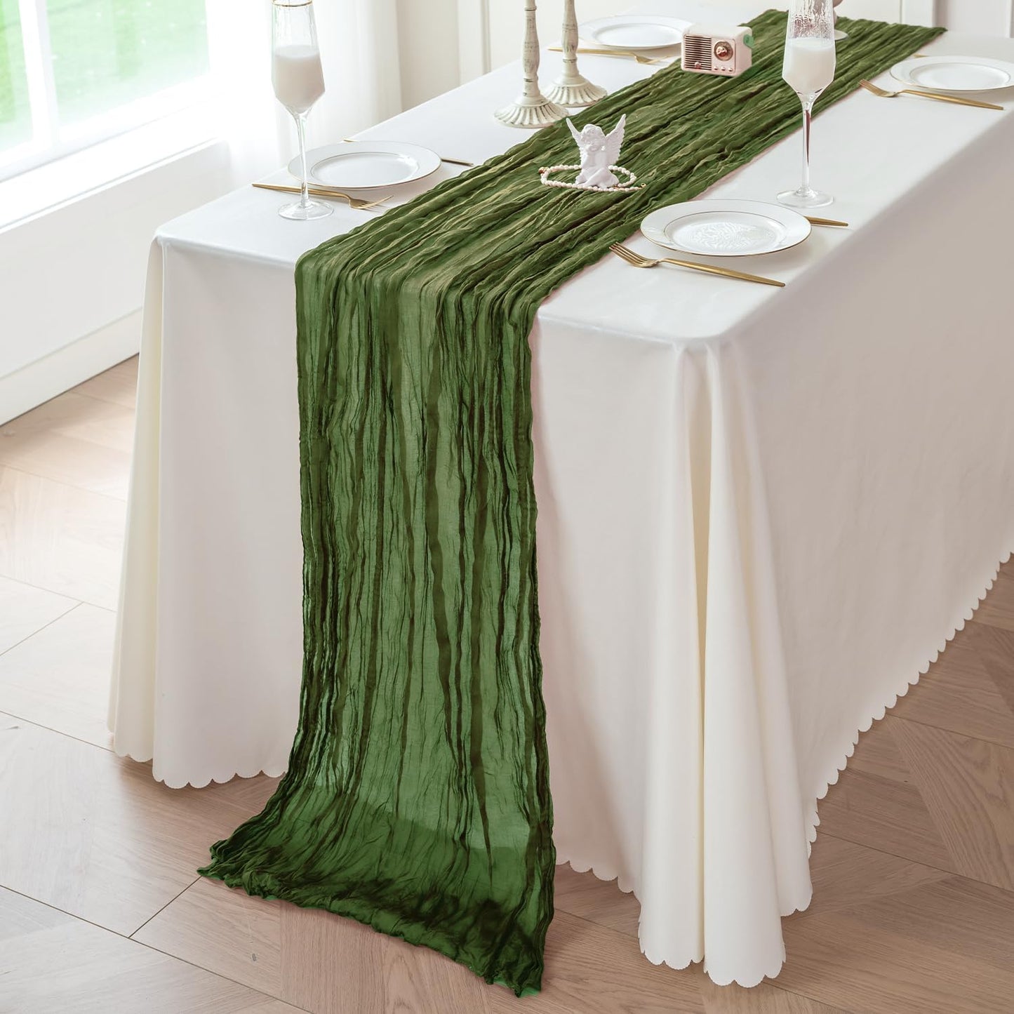 Sioloc 1 Pack Moss Green Cheesecloth Table Runner Fall Autumn Decor for Home 10ft Table Cloth for Tea Wedding Birthday Party Baby Bridal Shower Halloween Thanksgiving
