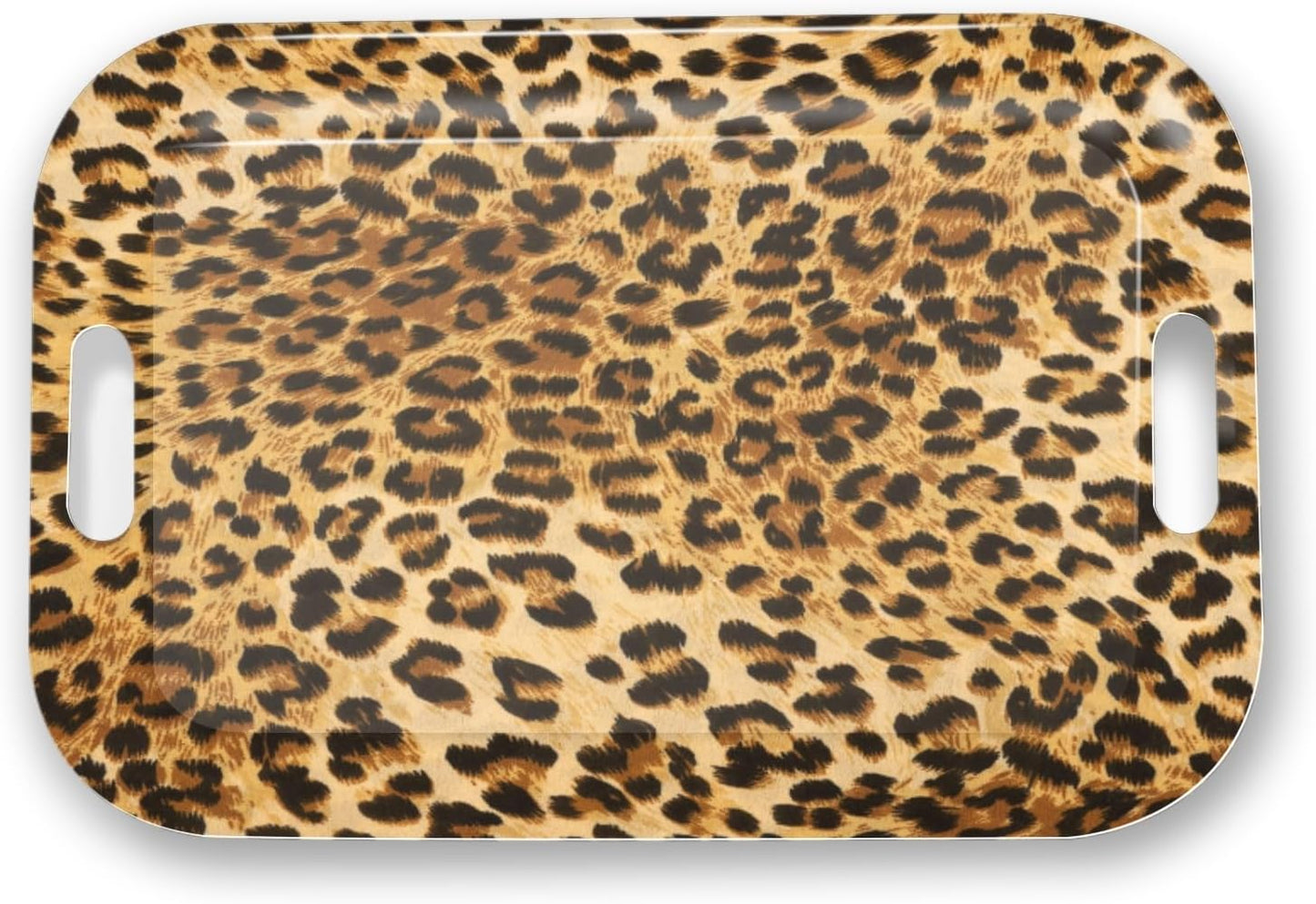 Serving Trays with Handles, 14.5 x 9.8 inch Rectangular Plastic Tray for Restaurant, Kitchen, Brown Leopard