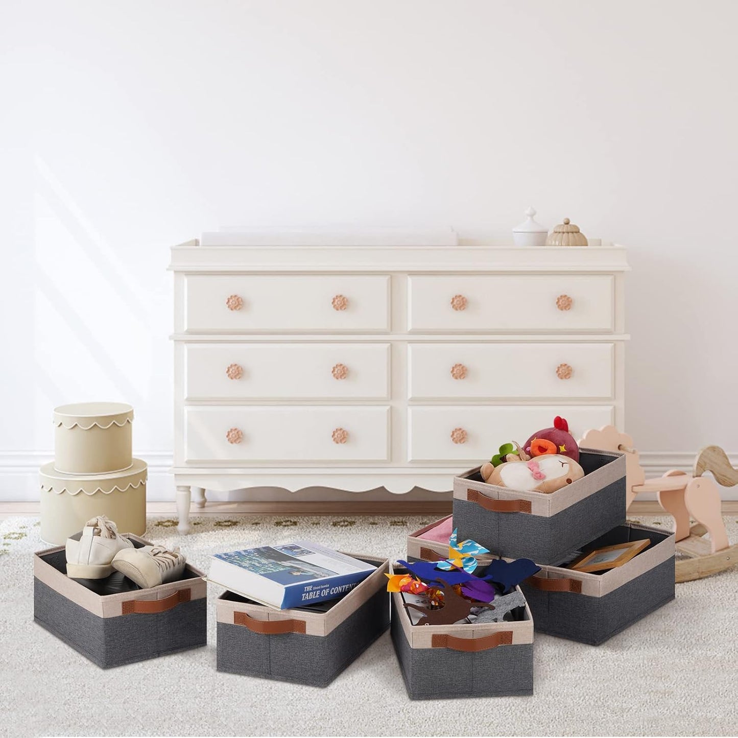 GhvyenntteS Small Fabric Storage Bins 12 Pack, 11.8" x 7.87" x 5.11" Storage Basket with Leather Handles, Closet Storage Bins for Shelves, Storage Baskets for Shelves, DVD Storage (Grey&Beige Yellow)