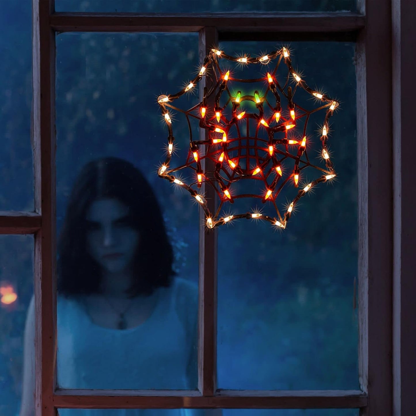 12.8" Lighted Cobweb Halloween Window Silhouette Decoration,Halloween Lighted Window Decoration,Hanging Light Up Holiday Ornament（ Cobweb Light）