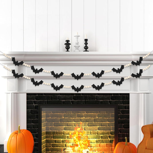 2 Packs Halloween Decorations Garland, Felt Bats Halloween Decor Banner with Wood Beads for Fireplace Mantel Fireplace Home Indoor