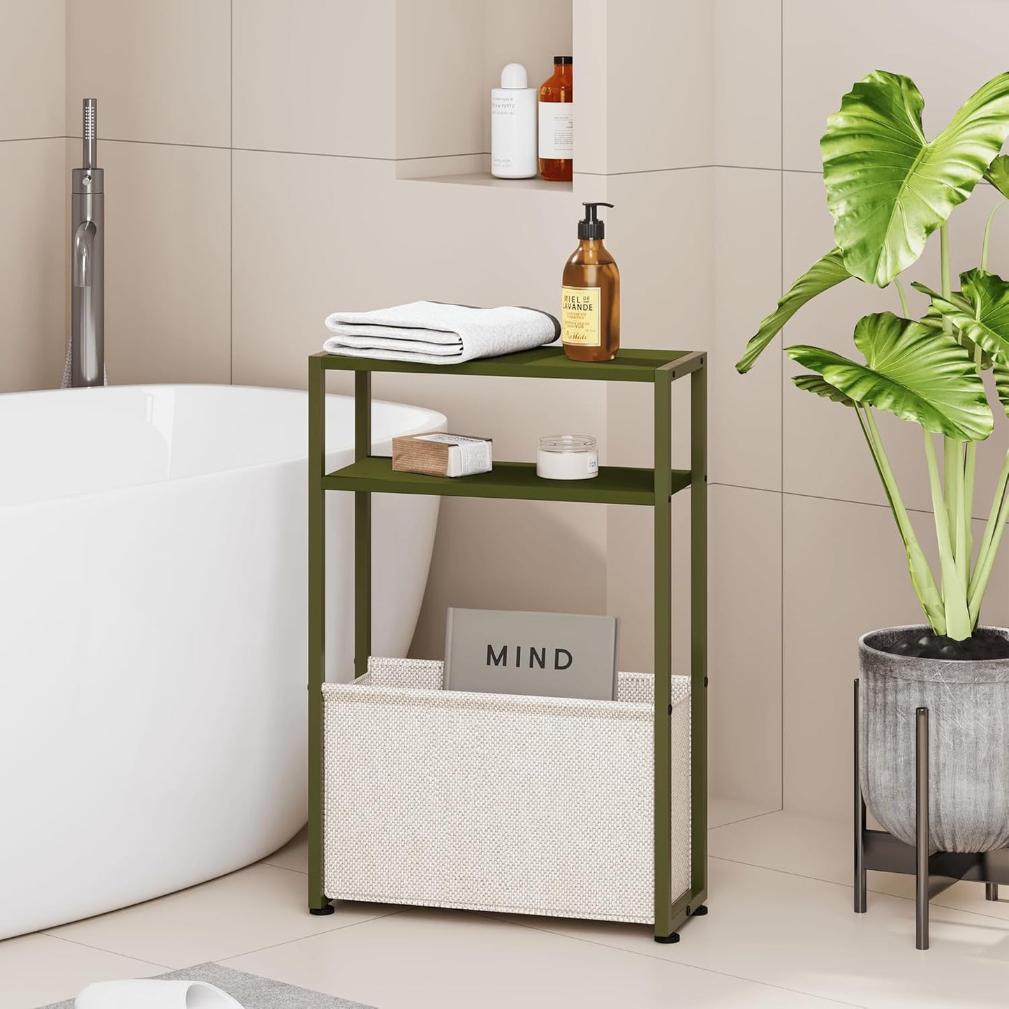 Narrow Side Table, Slim End Tables with Fabric Basket, Skinny Table for Small Spaces, Thin Bedside Table for Living Room, Bedroom (1, Forest Green + Camel Brown)