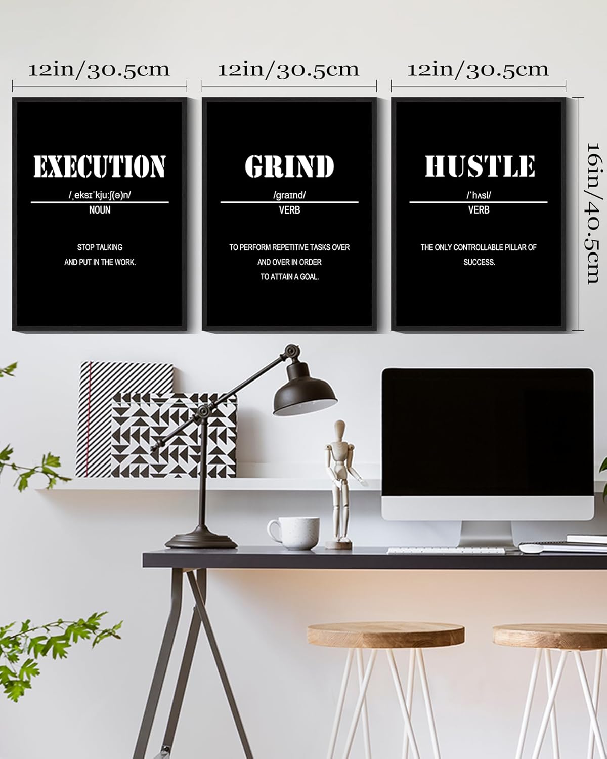 Drsoum Inspirational Office Framed Wall Art Motivational Grind Hustle Success Canvas Wall Decor Encouraging Quotes Sayings Paintings 3 Pieces Artwork Home Bedroom Easy to Hang 12x16in (Black Framed)