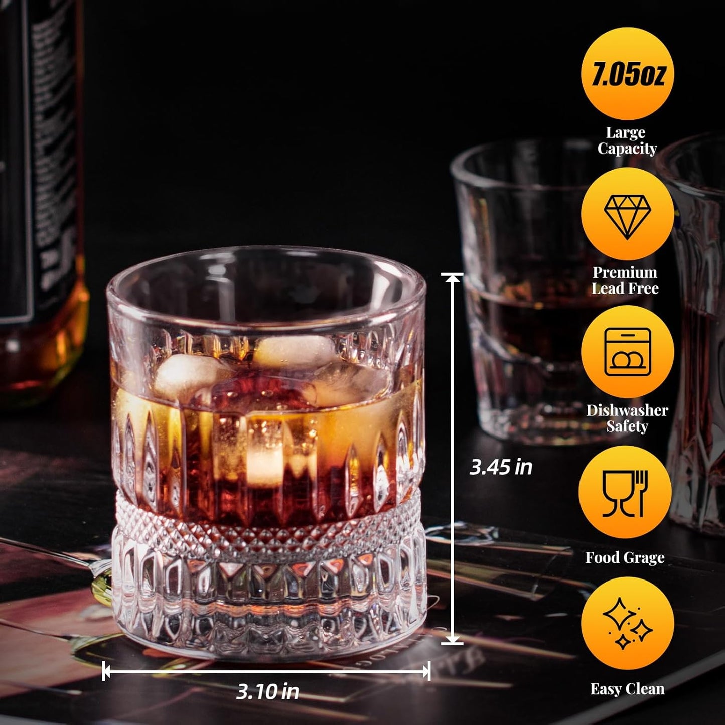 KAMMAK Whiskey Glass Set of 2, 7.05oz Old Fashioned wine Glass for Scotch, Cocktails, Rum, Vodka in Bar And Party Gifts for Men, Whisky Lovers, Wedding, Anniversary, Birthday