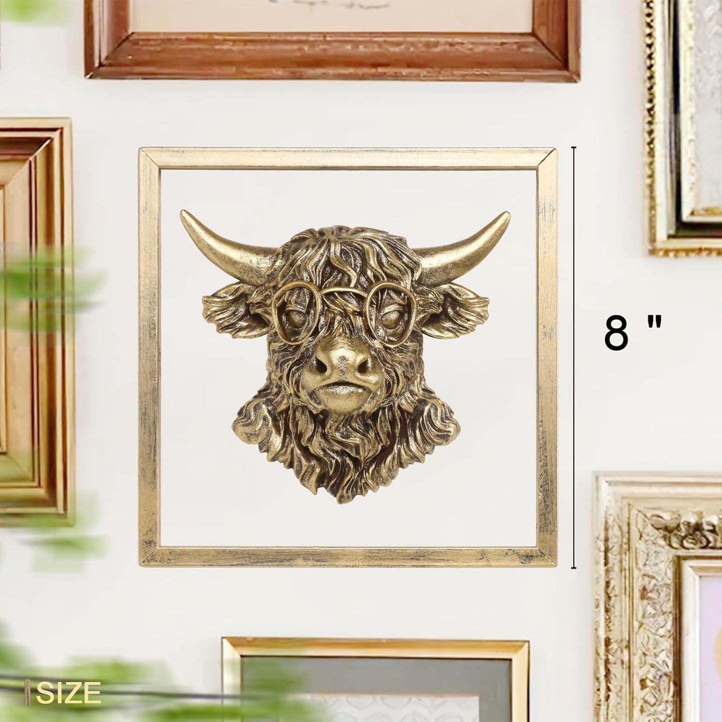 Animal Heads Wall Decor (Includes Metal Frame) Resin Animals Sculptures Head Wall Hanging Decoration Gold vintage Wall Sculpture for Living Room Bedroom Office(Highland cattle)