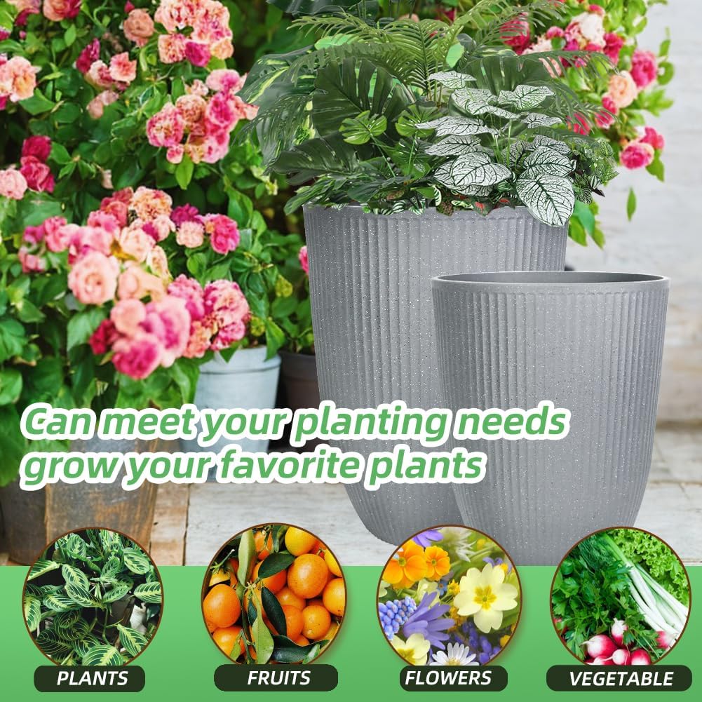 2 Pcs Pack 18.5 Inches Heavy Duty Plastic Resin Tall Tapered Planter Pots Large Round Planter Flower Pot with Drainage Holes for Indoor Outdoor Deck Porch Garden Home Patio Front Door (Light grey, M)