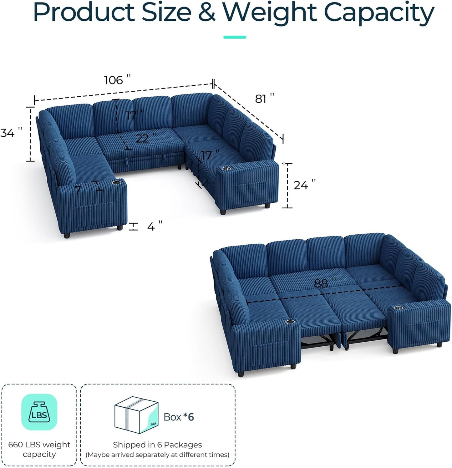 LINSY HOME Sectional Sleeper Sofa with Pull Out Couch Bed - Convertible Plush Corduroy Cloud Couch with Storage Chaise & USB Charging, Comfy Modular Couches for Living Room, Blue
