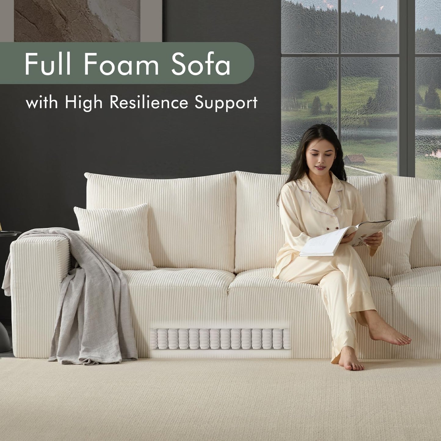 Boneless Sectional Cloud Couch Sofa for Living Room, 112" U-Shaped Modular Modern Lounge Sleeper Beige Couches with Chaise, No Assemble, Cordury Compression Upholstered Sofas