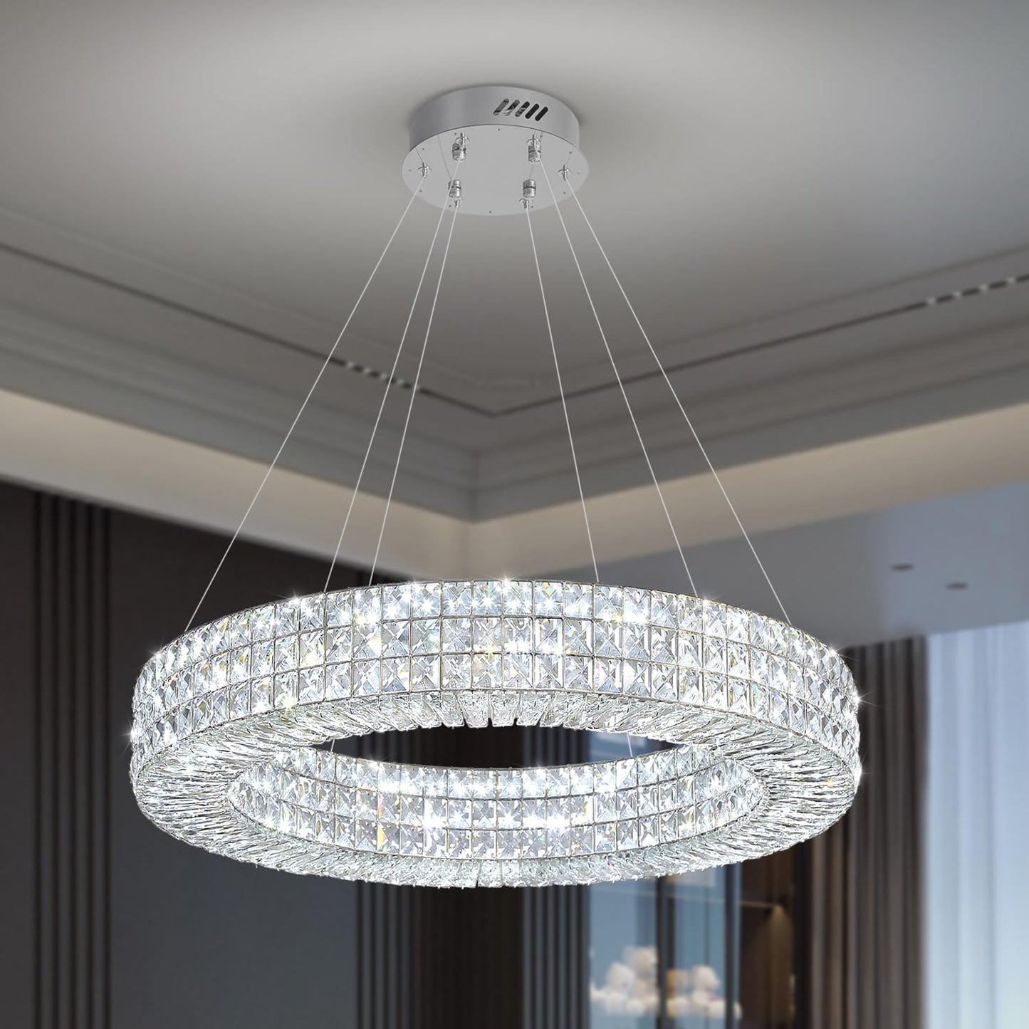 Dia 24" Modern Crystal Chandelier Silver Ring Chandelier Adjustable Height Luxury Crystal Pendant Ceiling Light Fixture for Dining Living Room Bedroom