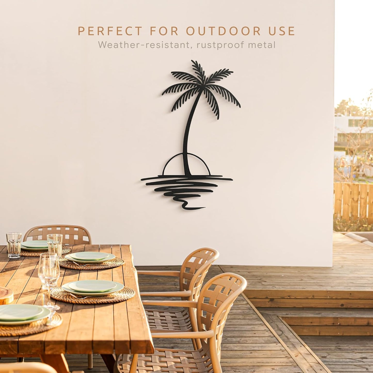 Metal Palm Tree with Sunset Wall Art, Large Outdoor Wall Decor, Tropical Beach Decor for Living Room, Bedroom, Garden Home Wall Sign, Perfect Metal Wall Art for Beach House (Black, 32 x 26 inches)