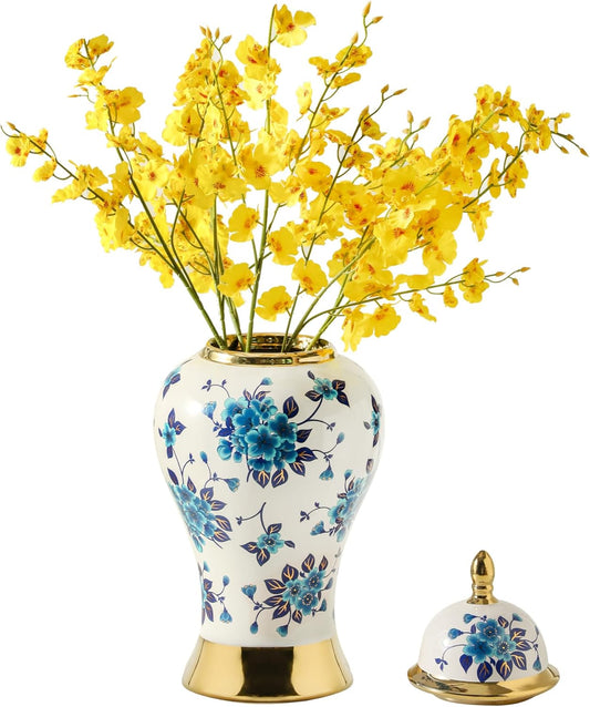 Ginger Jars for Home Decor, White and Gold Vase, Porcelain Ginger Jar Chinoiserie Blue and White Vase with Gold Trim and Floral Pattern, Ceramic Flower Vase for Home, Temple and Storage Jars(18in)