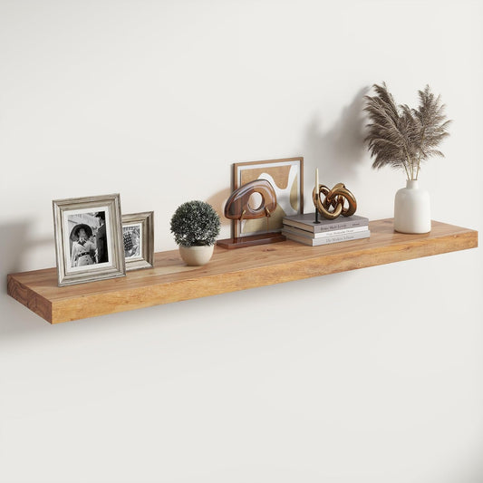RICHFOCUS Elm Floating Shelves for Wall - 48" W x 9.3" D Rustic Solid Wood Shelves with Invisible Bracket, Wall-Mounted for Living Room, Bedroom, Kitchen Storage & Display, Set of 1, Natural