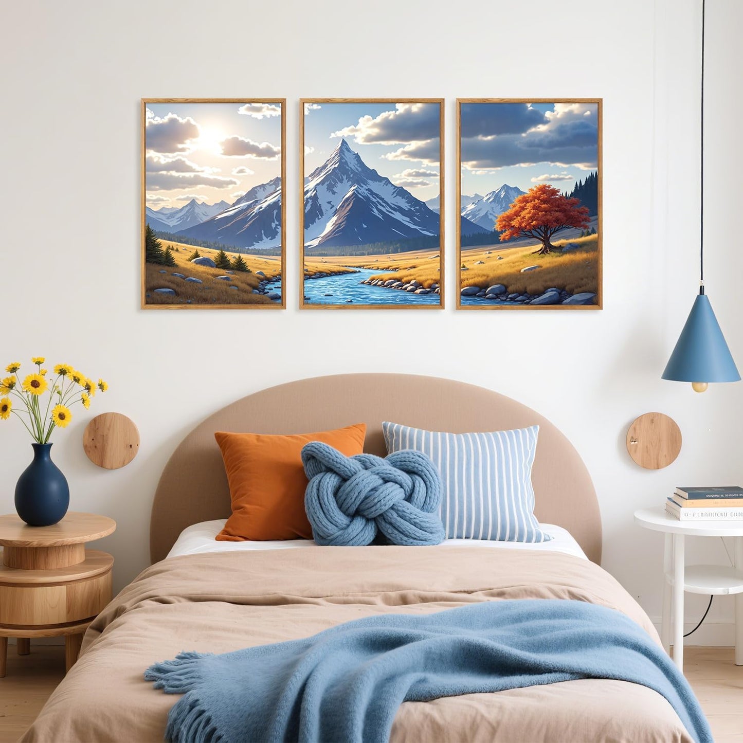 HPNIUB Landscape Mountain Wall Art Set, Rustic River Sunrise Pine Tree Forest Nature Scenry Wilderness Art Print, Farmhouse Grassland Modern Sky Decorative for Living Room, Bedroom, Office-16 x24 x3