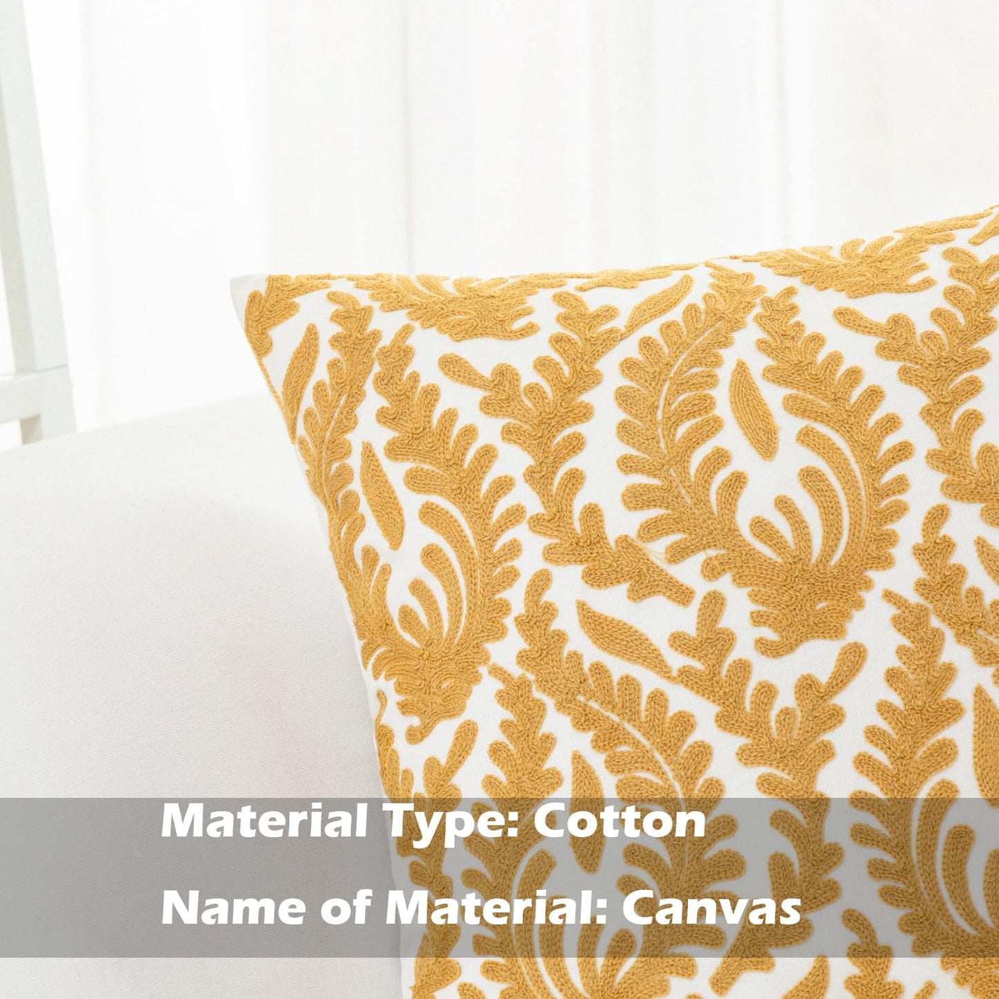 HWY 50 Mustard Yellow Decorative Throw Pillow Covers 18x18 Inch (1 Piece), Embroidered Cotton Farmhouse Cushion Cover Pillow Case for Sofa Couch Living Room Bed Bedroon, Floral Branches