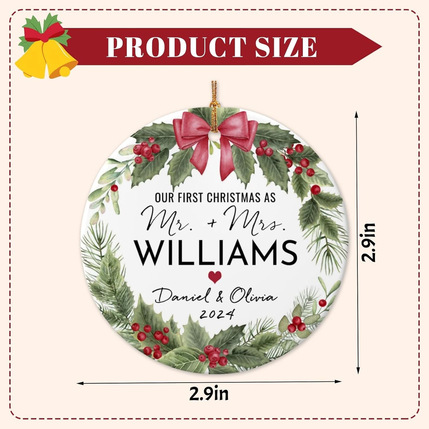 Personalized First Christmas Married Ornament 2025 Custom Mr and Mrs Wedding Christmas Ornaments with Name Date for Couples,Double-Sided Ceramic Customized Engagement Ornament