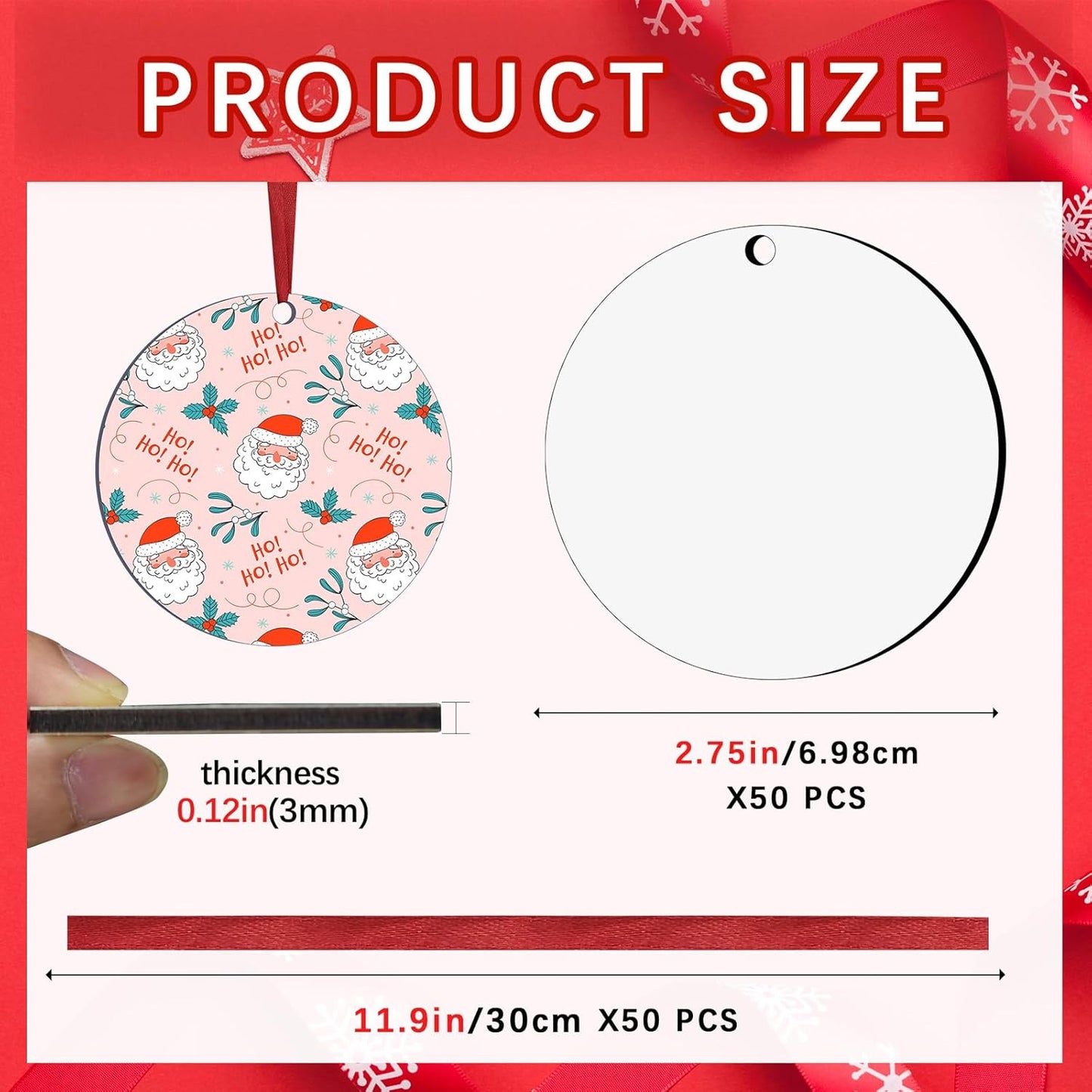 50 PCS Sublimation Ornament Blanks Double Sided MDF Sublimation Christmas Ornaments Blanks Bulk for Christmas Tree Decor Halloween Day DIY Crafts with Red Ribbon 2.75 inch