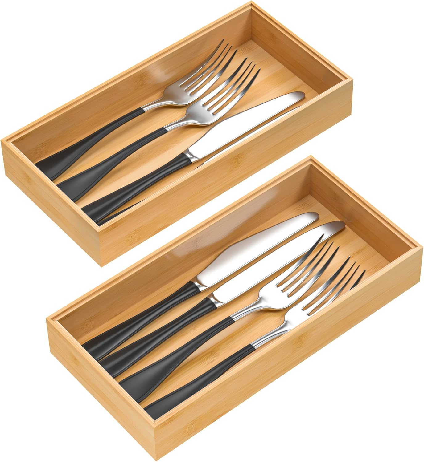 Silverware Tray for Drawer, Stackable Kitchen Bamboo Drawer Organizer 12" x 6" x 2" Set of 2