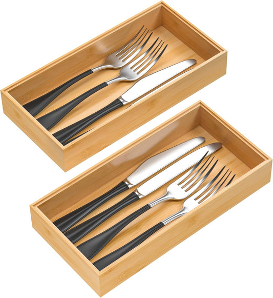 Silverware Tray for Drawer, Stackable Kitchen Bamboo Drawer Organizer 12" x 6" x 2" Set of 2